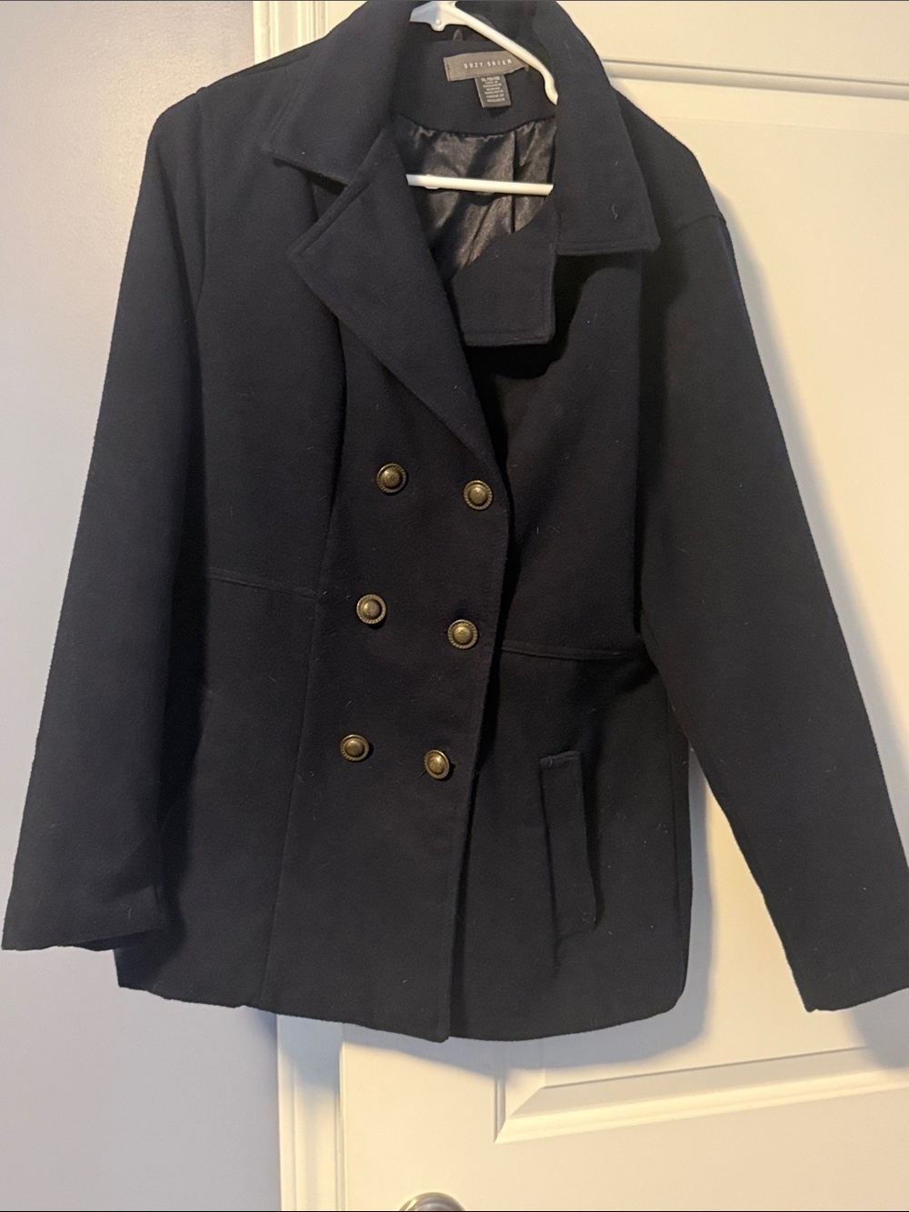 Suzy Shier Navy Double-Breasted Peacoat with Brass Buttons